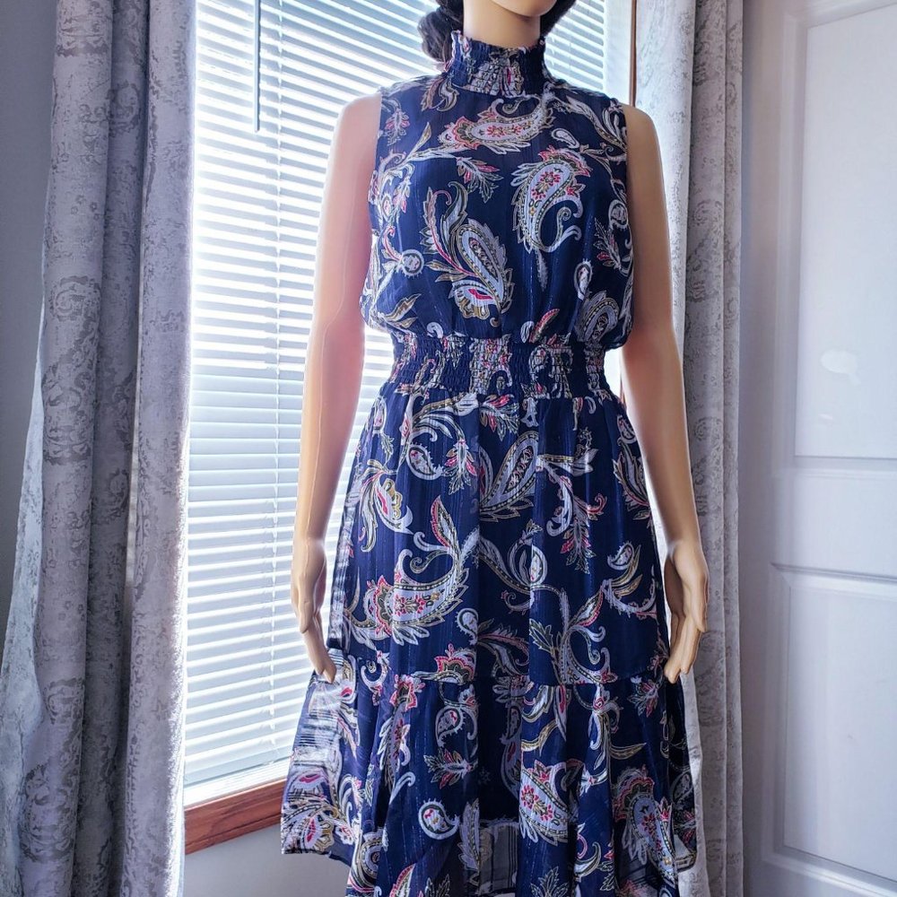 SLEEVELESS SMOCKED MOCK NECK DRESS